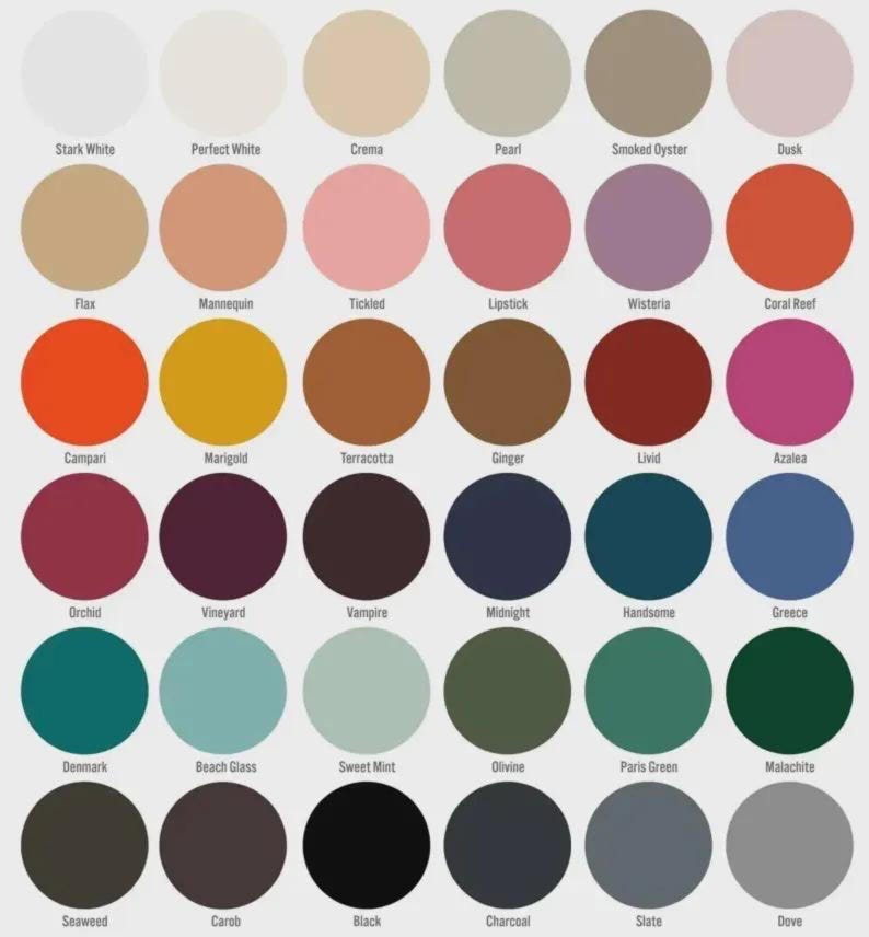 Puede incluir: Una paleta de colores con 36 muestras circulares, cada una etiquetada con un nombre &uacute;nico. Los colores van desde el blanco puro y crema hasta tonos profundos como el negro y el carb&oacute;n, con matices de rosa, naranja y verde.