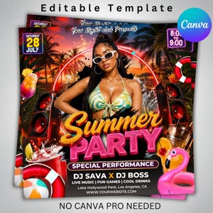 Könnte beinhalten: Eine bearbeitbare digitale Flyer-Vorlage für eine Sommerparty mit einer Person in Sonnenbrille und gemustertem Bikini-Oberteil. Das Design enthält Palmen, Lautsprecher, einen Cocktail, einen Rettungsring und einen pinken Flamingo-Schwimmring.