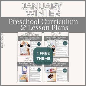 May include: A gray graphic with the words "January Winter Preschool Curriculum & Lesson Plans." The image features four lesson plan covers: Winter Wonderland, Winter Sports, Arctic Animals, and Cozy Cabin. A green banner reads "1 FREE THEME."