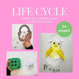 May include: A pink background with the words "LIFE CYCLE" and "TODDLER CURRICULUM & LESSON PLANS" in white. The image includes a basket with cards, a green die, and a drawing of a chick hatching from an egg. The text "34 pages" is in a green circle.