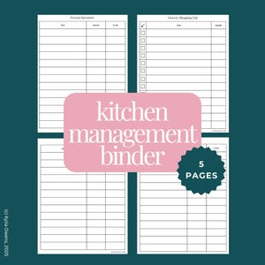 May include: A kitchen management binder with 5 pages. The binder includes a freezer inventory list and a grocery shopping list. The text "kitchen management binder" is in a pink rounded rectangle. The background is teal.