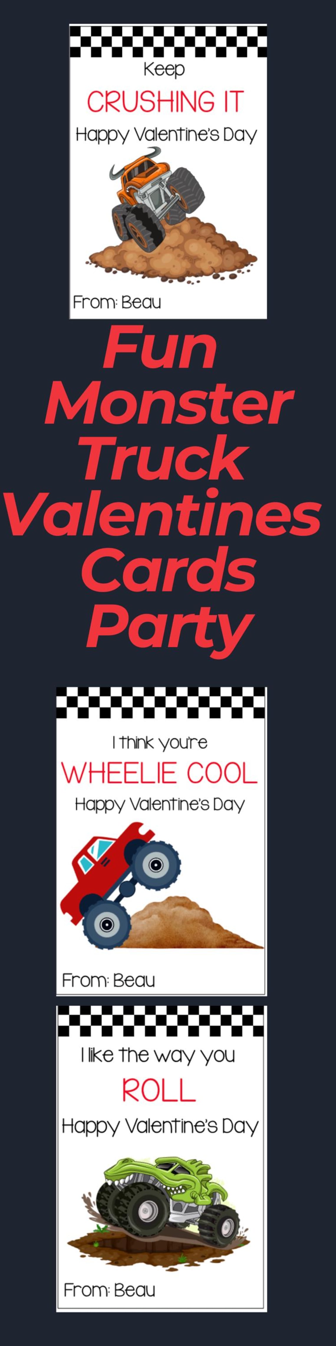 Monster Truck Valentine Day Cards Kid School Classroom Party Printable ...