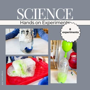 Puede incluir: Un collage de experimentos científicos. La imagen incluye un frasco con un experimento de nube, una bandeja roja con una sustancia verde burbujeante y una botella con líquido verde. El texto dice "SCIENCE Hands on Experiments" y "8 experimentos."
