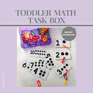 May include: A purple container filled with colorful paper clips sits above number cards for a toddler math task box. The cards display numbers 1-10 with corresponding dot patterns. The text "TODDLER MATH TASK BOX" and "INSTANT DOWNLOAD" are also visible.