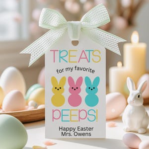 May include: A white gift tag with a light green bow, featuring the text "TREATS for my favorite PEEPS!" and three bunny illustrations in yellow, pink, and blue. The tag also includes "Happy Easter Mrs. Owens."