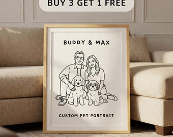 Custom Family Line Art Portrait Digital Download Minimalist Illustration Personalized Couple Pet Portrait Anniversary Gift Printable Wall Ar