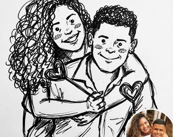 Custom Couple Doodle Portrait from Photo, Personalized Wedding Anniversary Gift, Romantic Digital Wall Art