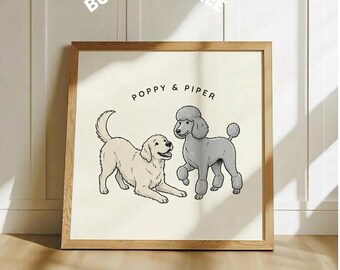 Custom Two Pet Line Art Portrait, Minimalist Dog Cat Illustration (Digital Download)