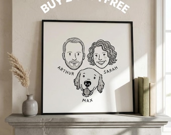 Custom Family Portrait Line Art Digital Download Minimalist Cartoon Illustration Personalized Wall Art