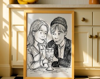 Custom Family Doodle Portrait from Photo, Personalized Couple and Family Digital Wall Art