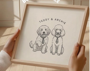 Custom Two Pet Portrait Line Art Printable, Minimalist Dog Cat Illustration, Personalized Pet Drawing Gift