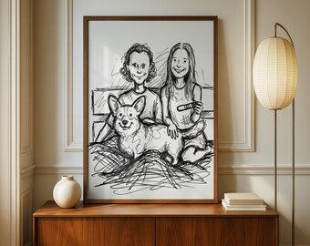 Custom Wedding Couple Doodle Portrait, Personalized Newlywed Gift, Minimal Romantic Digital Art