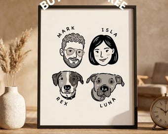 Personalized Family Portrait Line Art, Minimalist Cartoon Illustration, Custom Digital Download Wall Art