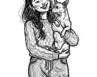 Pet and Owner Doodle Portrait from Photo, Personalized Pet Lover Wall Art