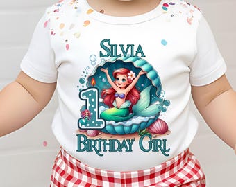 Little Mermaid Birthday Shirt, Custom Name Age Mermaid Ariel Shirts T-Shirt, Kids Disney