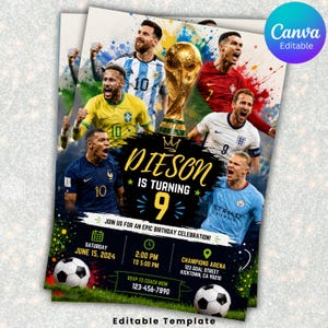 Puede incluir: Plantilla de invitación de cumpleaños con temática de fútbol, jugadores profesionales, un trofeo dorado y dos balones. El texto dice: Dieson is turning 9, Saturday June 15, 2024, 2:00 PM to 5:00 PM, Champions Arena 123 Goal Street Kicktown, CA 90210.