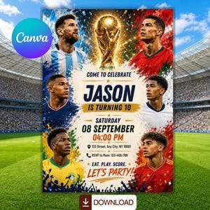 以下が含まれることがあります： 6人のプロサッカー選手と金色のトロフィーが描かれたサッカーをテーマにした誕生日招待状のチラシ。テキスト：COME TO CELEBRATE JASON IS TURNING 10, SATURDAY 08 SEPTEMBER 04:00 PM, 123 Street, Any City, NY 10001, RSVP to Mom: 123-456-789, EAT. PLAY. SCORE. LET'S PARTY!
