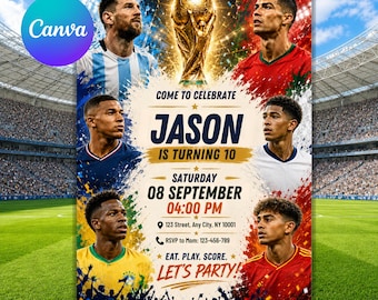 May include: A soccer-themed birthday invitation flyer featuring six professional players and a gold trophy. Text reads: COME TO CELEBRATE JASON IS TURNING 10, SATURDAY 08 SEPTEMBER 04:00 PM, 123 Street, Any City, NY 10001, RSVP to Mom: 123-456-789, EAT. PLAY. SCORE. LET'S PARTY!