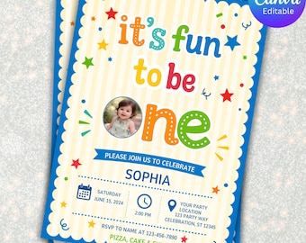 Its Fun To Be One First Birthday Invitation for Girl, Editable Canva Template