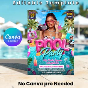 Puede incluir: Una plantilla de folleto editable para una fiesta en la piscina con una persona sosteniendo una cámara de video, letras inflables rosas, palmeras y una piscina. El texto incluye Saturday 28 July, Pool Party, Let's Make Summer Unforgettable.