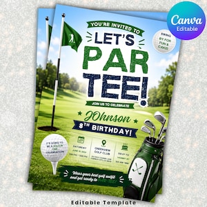 Pode incluir: Um modelo de convite de aniversário com tema de golfe, apresentando um campo de golfe, uma bolsa com tacos, uma bandeira e uma bola de golfe. O texto diz: YOU'RE INVITED TO LET'S PAR TEE! JOIN US TO CELEBRATE JOHNSON 8TH BIRTHDAY! SWING BY FOR FUN & CAKE!