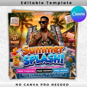 Może przedstawiać: Żywy ulotka na wydarzenie "Summer Splash", z mężczyzną w okularach przeciwsłonecznych, palmami i basenem. Projekt zawiera tekst "Summer Splash!" w odważnych, kolorowych literach, wraz ze szczegółami wydarzenia, takimi jak data, godzina i miejsce.