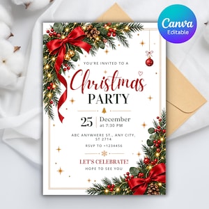 May include: A white Christmas party invitation card featuring red ribbons, green pine branches, gold stars, and red ornaments. The text reads: You're invited to a Christmas party, 25 December at 7:30 PM, ABC Anywhere St., Any City, ST 2714, RSVP to +1234456, Let's celebrate! Hope to see you.