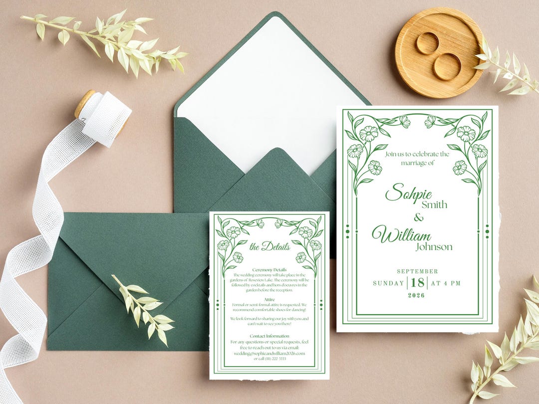 Green Flower Arc Wedding Invitation Template, Elegant Minimalist ...