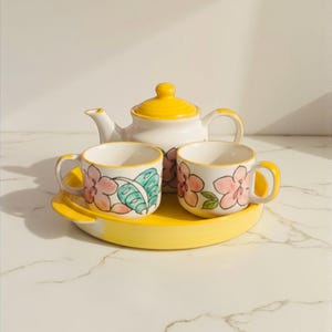 Handmade Floral Ceramic Tea Set for 2 | Yellow Stoneware Teapot Cups Tray