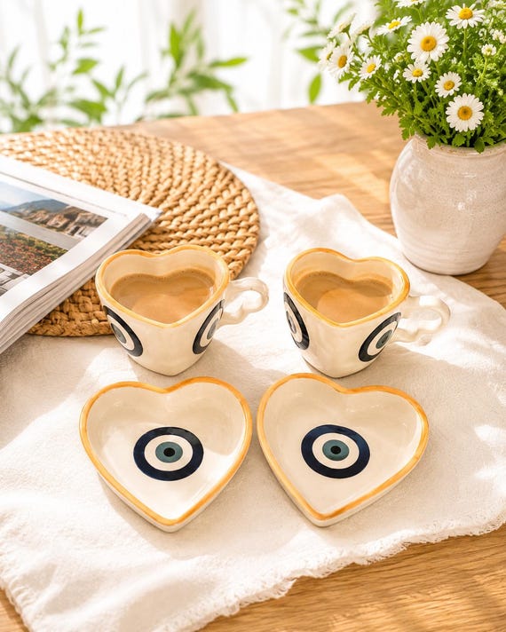 Herzförmiges Kaffeetassen-Set mit Untertasse und Nazar-Motiv | Handgefertigter türkischer Keramik-Teebecher