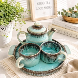 Handmade Stoneware Tea Set for Two, Ceramic Teapot and Cups Set, Teal Glazed Tea Set, Rustic Pottery Tea Service, Tea Lover Gift