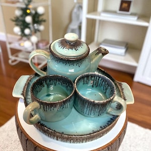 Handmade Stoneware Tea Set for Two | Teal Rustic Glaze Teapot Cups Tray