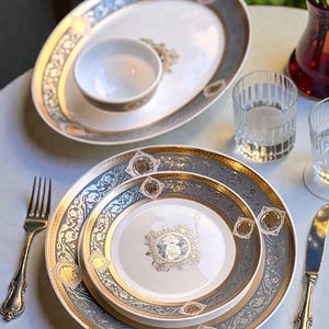 35-Piece Luxury Gold Plated Dinner Set | Premium Jade Opal Turkish Crockery Set | Scratch Resistant & Chip Resistant Tableware | Elegant Set