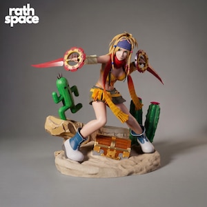 May include: A detailed figurine of a female character in a dynamic pose, wielding two red bladed weapons. She wears a yellow and orange outfit, blue boots, and a blue headband. A green cactus and treasure chest are also present.