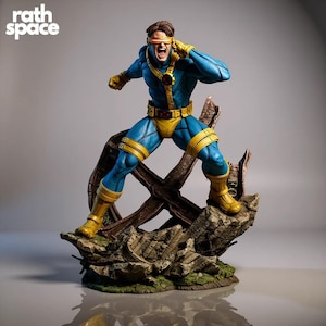 May include: A detailed figurine of Cyclops from the X-Men, in a dynamic pose. The figure is clad in a blue and yellow costume, with a red visor. The base features a rocky terrain and a wooden structure. The "rath space" logo is in the top left corner.