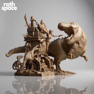 Può includere: Scultura dettagliata raffigurante una donna con una pistola in sella a un Tyrannosaurus Rex. La scultura è di colore marrone chiaro e include dinosauri più piccoli ed elementi architettonici. Il testo "Tomb Raider" è visibile.