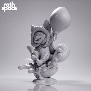 May include: A monochromatic gray resin figurine of a cat-like creature wearing a hooded cloak, holding a large drumstick aloft. The figure sits within a bowl-shaped base with splashing liquid effects. The text rath space appears in the top left corner.