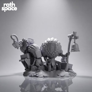 May include: A monochromatic gray resin miniature figurine featuring a central character with a shield on its back, holding a staff with a bell. The scene includes a street lamp, stacked crates, and rocky terrain. The text rath space is in the top left.