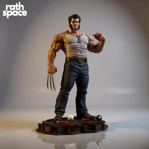 May include: A detailed statue of Wolverine, a Marvel Comics character, stands on a wooden base. He wears a white tank top, blue jeans, and brown boots. His claws are extended, and he holds a pool cue. The Rath Space logo is in the upper left.