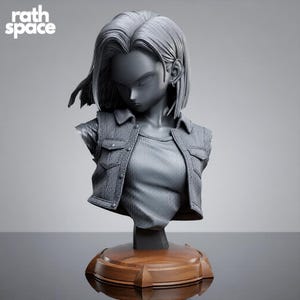 May include: A monochromatic gray bust sculpture of a character with shoulder-length hair, wearing a collared vest over a plain shirt. The figure is mounted on a circular wooden base. The text "rath space" is visible in the upper left corner.