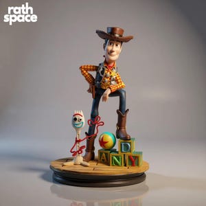 Könnte beinhalten: Detaillierte Figur von Woody aus Toy Story, mit Cowboyhut, Weste und Stiefeln. Die Figur steht auf einem Holzsockel mit dem Wort "ANDY" in bunten Blöcken und enthält eine Forky-Figur und einen Ball.