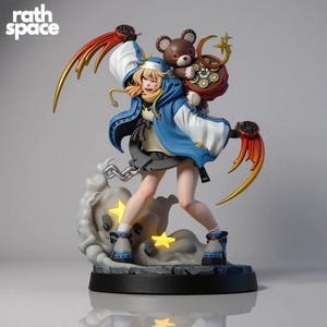 May include: A detailed figurine of a character with blonde hair, wearing a blue and white outfit, and holding a weapon with gold and red accents. A brown teddy bear is on the character's back. The base has a cloud and star design. The text "rath space" is in the top left corner.