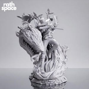 May include: A gray resin figurine featuring a character in a wide-brimmed hat holding a firearm, positioned next to a large creature covered in multiple eyes and sharp teeth. The base is sculpted with brick textures and swirling smoke effects.