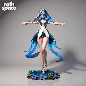 May include: A detailed figurine of a female character with blue and white attire, standing on a base with blue flowers. The figure has long blue hair and is posed with arms outstretched. The text "rath space" is in the upper left corner.