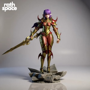 May include: A detailed figurine of a female warrior with purple hair and elven ears, clad in gold and red armor. She holds a golden sword and stands on a rocky base. The text "rath space" is in the upper left corner.