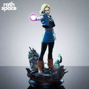 May include: A collectible figurine of a blonde character wearing a blue denim vest, a black shirt, a blue denim skirt, and brown boots. The character stands on a dark, rocky base and holds a glowing purple energy sphere in one hand. The text rath space is visible in the top left corner.