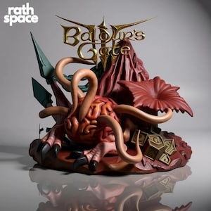 Op de afbeelding: Gedetailleerde sculptuur met elementen uit Baldur's Gate. De sculptuur bevat een hersenachtige vorm met tentakels, een rode bloemachtige structuur en het gouden logo van de game. De basis is een mix van bruine en rode tinten.