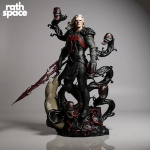 May include: A detailed statue of a character in a black and red costume, holding a red sword. The figure has white hair and is surrounded by black tendrils with red accents. The base of the statue has the text "rath space".