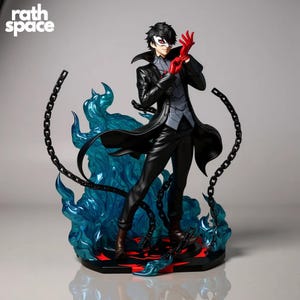 May include: A detailed figurine of a character in a black coat, pants, and gloves, with a white mask. The figure is posed with red gloves, standing on a base with blue flames and chains. The figure has black hair and a gray vest.