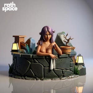 May include: A figurine of a woman with purple hair relaxing in a stone hot spring. The scene includes a wooden bucket, a small tree, and a lantern. The figure is set against a neutral background, with the text "rath space" in the upper left corner.